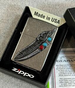 ■新品 ZIPPO ネイティブ アメリカン ターコイズ インディアン フェザー 羽 イーグル 鷹 ライター ジッポー 喫煙具 メタル貼り U31
