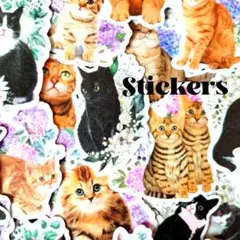 ステッカー　ネコと花A　30枚　紙素材シール　猫のシール　ジャンクジャーナル素材