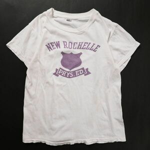 70’s ラッセル 染み込み カレッジ プリント Tシャツ (M) 白×紫系 60年代 旧タグ ビンテージ Russell