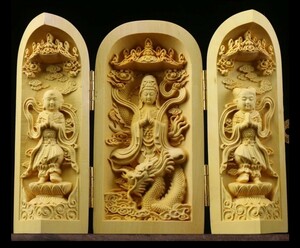仏教美術　龍乗観音像　騎龍観音像　三開仏 植木 木彫り ミニ 仏壇 仏箱 置物 