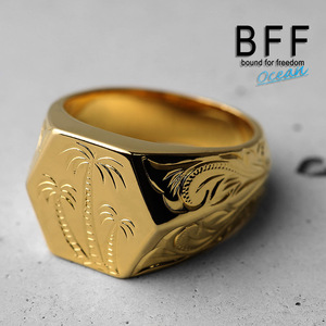 BFF ブランド パームツリー 印台リング ラージ ごつめ ゴールド 18K GP 金色 手彫り 彫金 専用BOX付属 (23号)