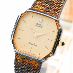 1円 稼働 SEIKO セイコー Exceline エクセリーヌ 1221-5080 1P 石付 QZ クオーツ 3針 ゴールド 金文字盤 レディース 腕時計 314720240423