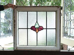 ■アンティークステンドグラス11977-2 パープル&グリーン 花柄 英国 イギリス 窓 ドア 建具にも■