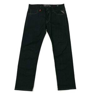 良品 REPLAY BLUE JEANS(リプレイ)デニムパンツ ジーンズ 牛革パッチ ストレッチ性 メンズW30 濃紺系デニム