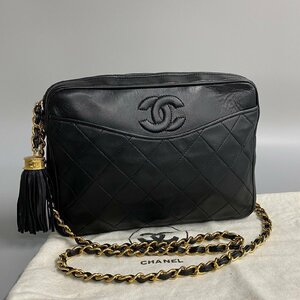 1円 極 美品 袋付き シール有 0番台 CHANEL シャネル ラムスキン マトラッセ フリンジ タッセル チェーン ショルダーバッグ ブラック 47816