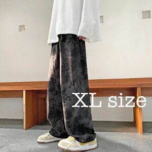 ワイドパンツ 花柄 レトロ調 イージーパンツ ボトムス ルーズパンツ パンツ メンズ レディース ワイドレッグ ブラック 黒 XL