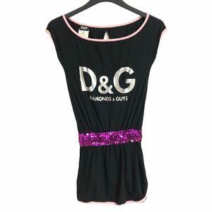 ドルチェ&ガッバーナ D&G ドルガバ ワンピース ノースリーブ 黒×ピンク×シルバープリント×ウエストスパンコール(紫) 36 ウエストゴム