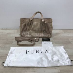 FURLA フルラ クロコダイル型押しレザー ハンドバッグ 2Wayハンドバック ピンクベージュ[C0897]