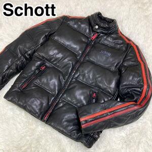 【至極のラムレザー】Schott ショット レザーダウンジャケット モーターサイクル ライン 羊革 黒×赤 ロゴ刺繍 Sサイズ メンズ バイカー
