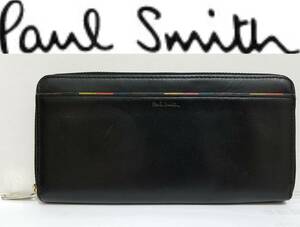 送料510円~(即決は送料無料)Paul Smithブライトストライプトリム ラウンドファスナー長財布ブラック レザー マルチカラー黒ポールスミス