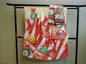 七歳祝着/帯/2点セット/四ツ身/クリーム色/黄色/刺繍/矢羽/車輪/金駒/七五三/KPA939