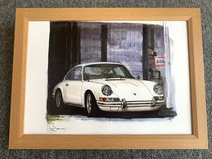 ■BOW。池田和弘『Porsche 911』B5サイズ 額入り 貴重イラスト 印刷物 ポスター風デザイン 額装品 アートフレーム 旧車