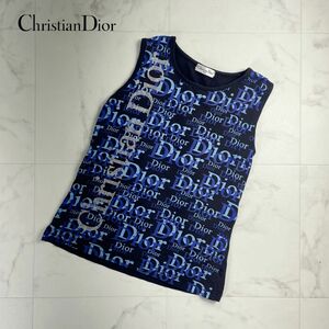 美品 Christian Dior クリスチャンディオール 前身頃プリント ロゴプリント ノースリーブカットソー レディース 黒 サイズM*OC179