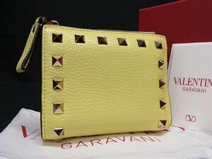 1円 ■美品■ VALENTINO GARAVANI ヴァレンティノ ガラヴァーニ ロックスタッズ レザー 二つ折り 財布 ウォレット イエロー系 FC0716