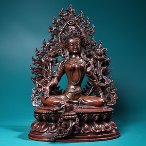 仏教古美術 中國 清代 チベット密教 銅製 高レリーフ彫刻 緑度母 仏像 時代物 供養品 細密彫 置物 中国古美術 唐物 NW348