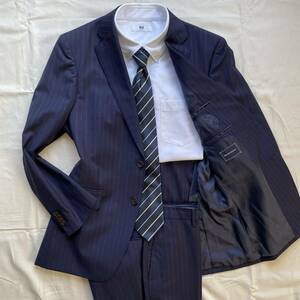 【極美品】THE SUIT COMPANY × REDA スーツ セットアップ シングル ネイビー ストライプ 2B 背抜き 裏地 光沢感 M位 メンズ 1円