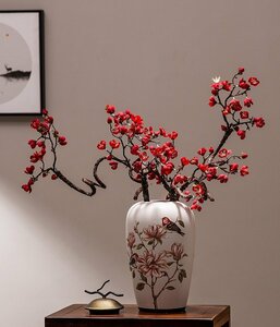 新品　花瓶　造花付き　梅の花　特大　磁器　モクレン柄　シンプル　装飾　置物　陶磁器 賞物 　プレゼント　お祝い　赤