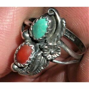 超希少!VTG NAVAJO 60’s CORAL&TURQUOISE CLASSIC SILVER RING USAナバホビンテージターコイズコーラルクラシックシルバーリング11.5号