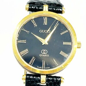 【1円スタート】GUCCI グッチ シェリーライン GP×革ベルト ブラック文字盤 クオーツ メンズ腕時計 263099