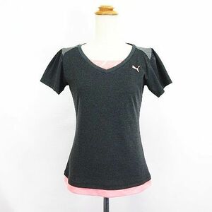 プーマ PUMA Tシャツ カットソー 半袖 Vネック 胸当て ロゴ M ダークグレー スポーツウェア ※EKM レディース