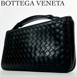 美品・人気モデル BOTTEGA VENETA ボッテガヴェネタ オーガナイザー 長財布 イントレチャート ラウンドジップ ファスナー ブラック レザー