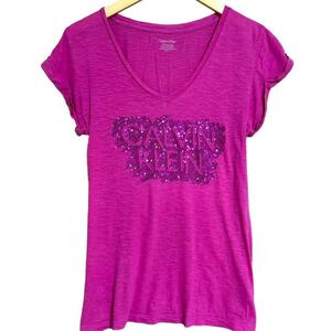 Calvin Klein カルバンクライン スパンコール 半袖 Tシャツ トップス ロゴ レディース Sサイズ ピンク ブランド
