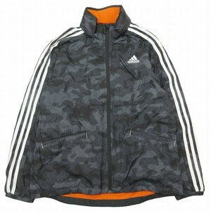 2018年製 アディダス adidas ジュニア ウインド ジャケット カモフラ 迷彩 総柄 ハイネック フード収納 ロゴ 刺繍 ライン