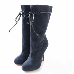 未使用品★Christian Louboutin クリスチャンルブタン レザーリボン スウェードレザー ショートブーツ ネイビー 35 1/2 保管袋付き 伊製