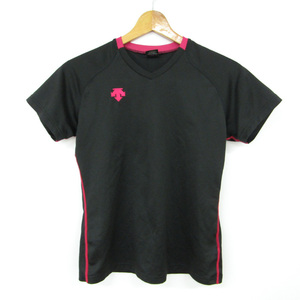 デサント 半袖Tシャツ 胸ロゴ Vネック サイドライン スポーツウェア トップス レディース Lサイズ ブラック DESCENTE