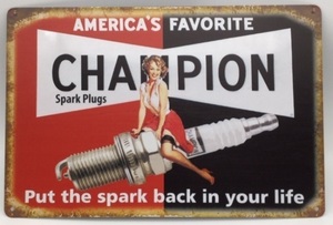 送料無料 チャンピオン スパークプラグ 金属製 メタルサインプレート CHAMPION SPARK PLUG　看板 ブリキ アンティーク ガレージ　店舗備品