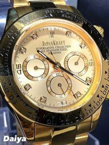 8石天然ダイヤモンド付き 新品 JAPAN KRAFT ジャパンクラフト 腕時計 正規品 クロノグラフ 自動巻き オートマティック 防水 ゴールド 金