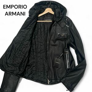 激レア◎50サイズ!!エンポリオアルマーニ【柔らかな肌触り】EMPORIO ARMANI ラム レザー ロゴ ジャケット パーカー 羊革 ブラック◎メンズ