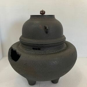 QW3465 風炉　茶釜　銅蓋　鉄製　風炉鉄釜　茶道具　高さ約35cm 現状品　0207