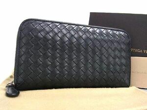 1円 ■美品■ BOTTEGA VENETA ボッテガヴェネタ イントレチャート レザー ラウンドファスナー 長財布 ウォレット ブラック系 FB0319