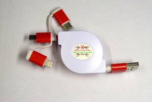 USBケーブル 充電&データ転送 赤 0.95m USB2.0 (USB A オス to Micro-Bオス)＋タイプC、ライトニングアダプタ