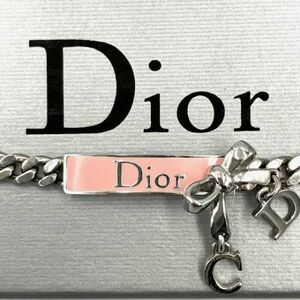 仙53 Christian Dior ネックレス ロゴプレート リボンモチーフ シルバーカラー×ピンクカラー アクセサリー クリスチャンディオール