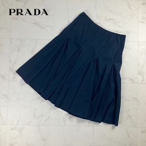 美品 PRADA プラダ フレアスカート イタリア製 サイドジップ 膝丈 裏地なし 紺 ネイビー サイズL*MC1093