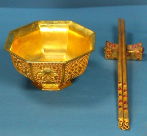 唐代　宝石嵌め　古い金碗と箸セット