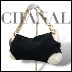 CHANEL デカ ココマーク チェーン ショルダーバッグ  キャンバス レザー