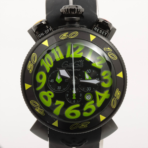 【完動品】GaGaMILANO ガガミラノ クロノ 48mm CHRONO 48MM QZ/クオーツ メンズ腕時計 ブラック×ライトグリーン SS×ラバー 6054.2