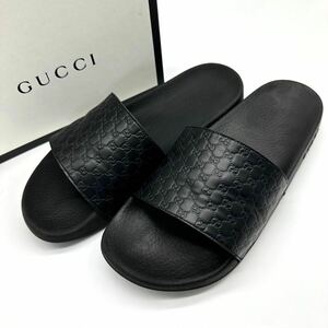 2271 箱付き 美品 近年モデル ● GUCCI グッチ サンダル ラバー レザー エンボス 型押し シマ GG ロゴ ブラック スリッパ メンズ 27cm相当