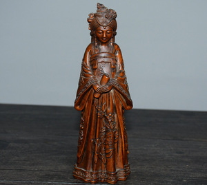 ▽鴻▽ 黄楊木製 細密彫 民国美女 置物 古賞物 中国古玩 中国古美術