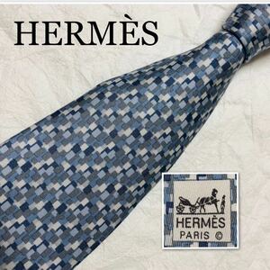 ■美品■HERMES エルメス　ネクタイ　スクエア　モザイク　総柄　シルク100% フランス製　ブルー×グレー×ホワイト