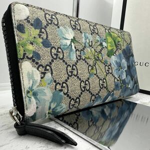 【極美品】 GUCCI グッチ GGブルームス GGスプリーム ラウンドファスナー 長財布 フローラ 花柄 フラワープリント レディース メンズ 青