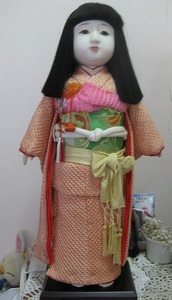 一市人形　赤総絞り着物　約52cm　難あり　日本人形