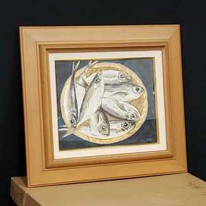 【120I498】鯵 魚 油彩画 絵 インテリア 油絵 額付き 静物画 額寸 横幅約43cm 縦幅約38cm