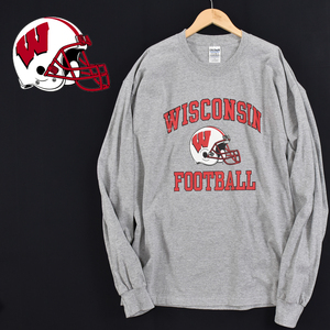 送料300円│WISCONSIN FOOTBALL ウィスコンシン フットボール ★ アメフト プリント 長袖 Tシャツ グレー メンズ XL