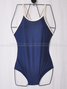 K1898-29■白パイピング 女子スイミングスポーツ水着 ツルツル艶々 濃紺 メーカー不明 140