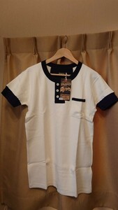 ダッパーズ　ヘンリーネック・半袖メッシュTシャツ　Lot1054　オフホワイト×ネイビー　サイズ40