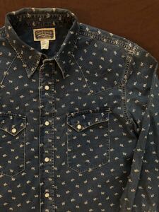 【傑作】極美品 RRL INDIGO RRL LOGO WESTERN SHIRTS ダブルアールエル インディゴ 抜染 総柄 本藍染め コンチョ デニム シャツ M